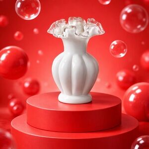 Vintage 6" Fenton Milk Glass Ruffled Edge Silver Crest Melon Ribbed Vase